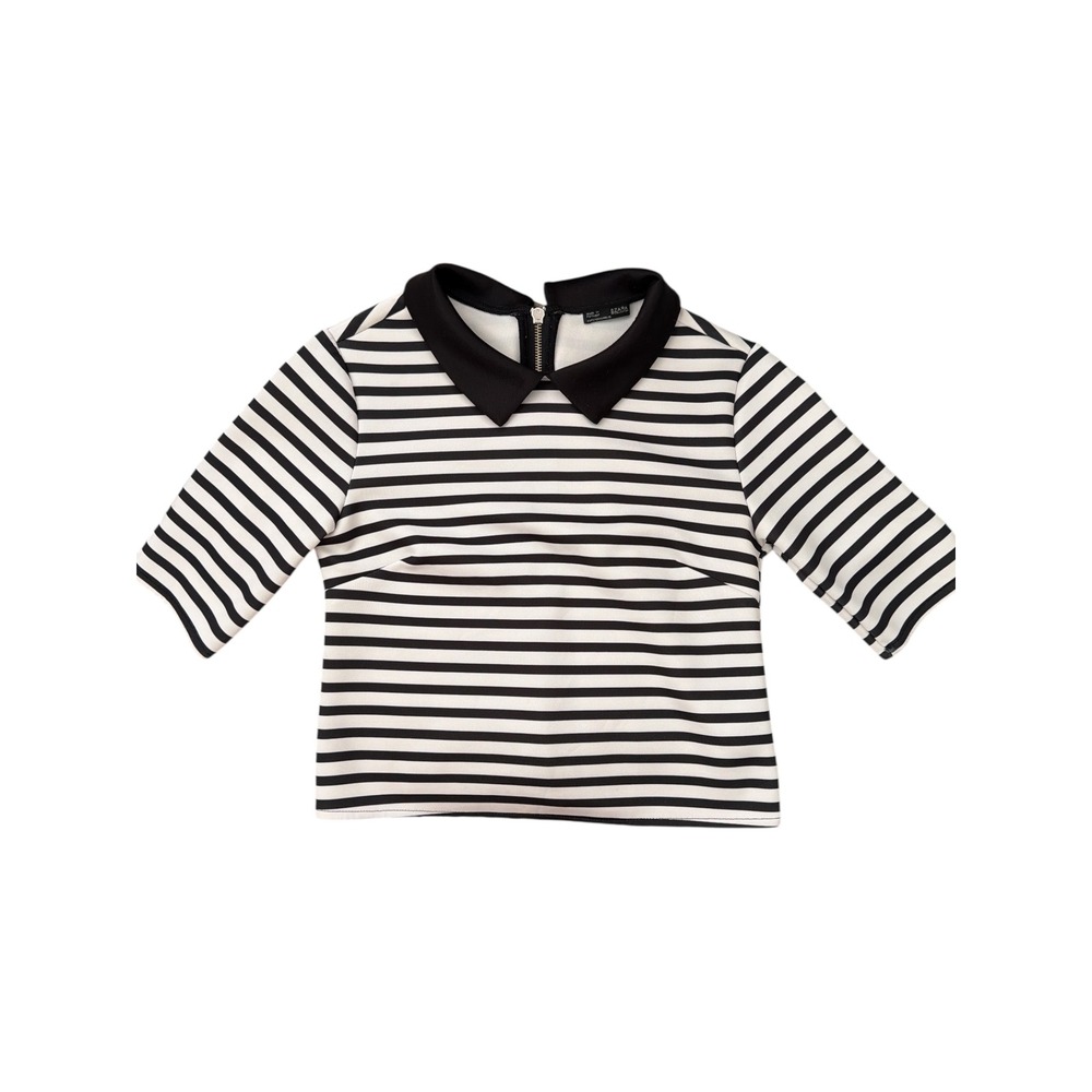 Zara W Collection‎ Striped Peter Pan Collar Crop Top Black White Back Zip Small